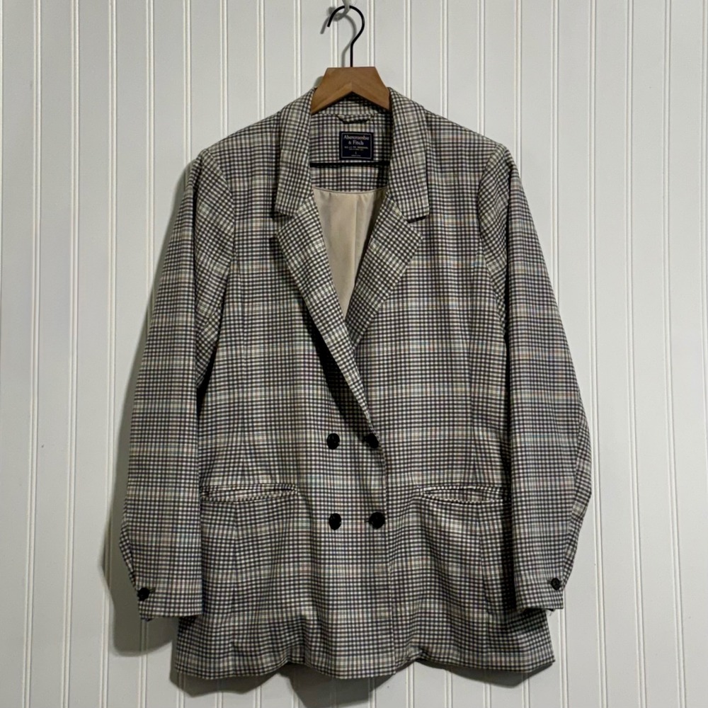Abercrombie Womens L Double Breasted Blazer Plaid Light Academia Career Office